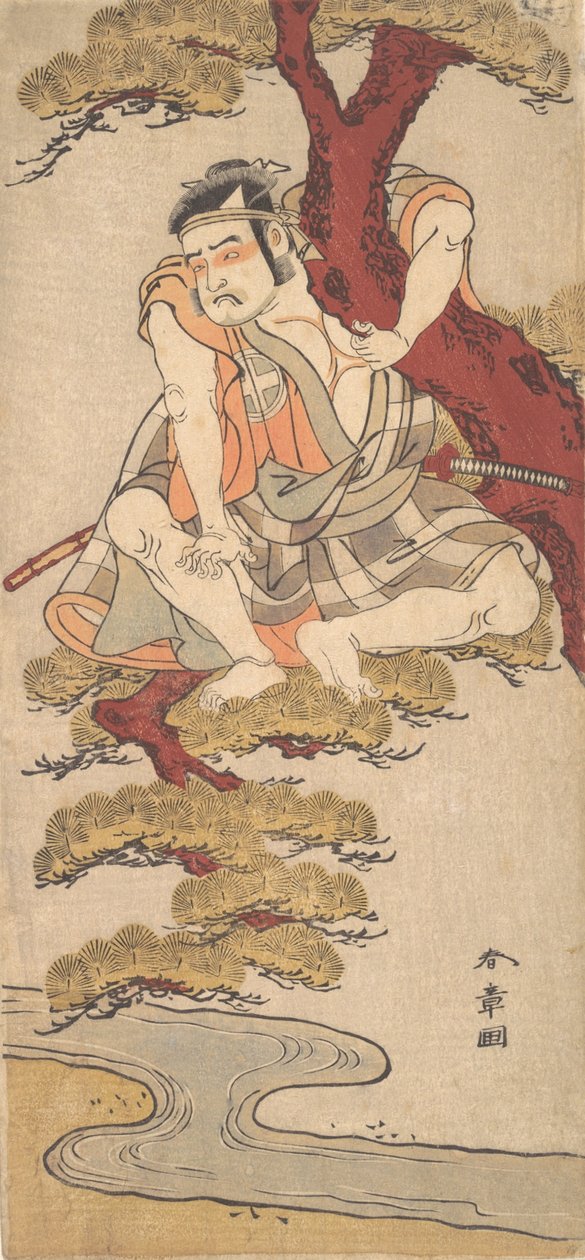 De acteur Otani Hiroemon III kijkt vanuit de takken van een dennenboom door Shunsho