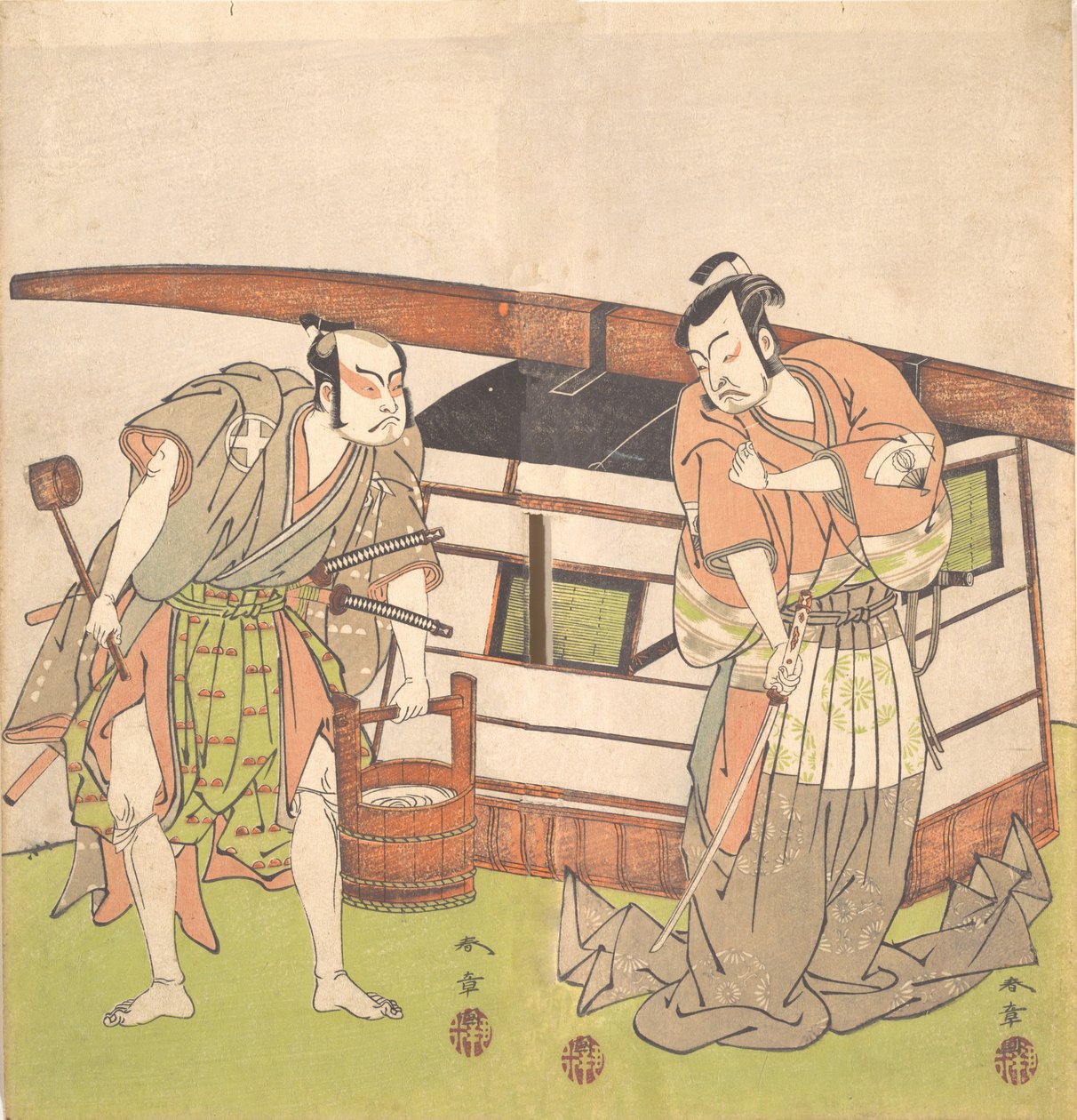 De acteur Otani Hiroji III en de acteur Onoe Kikugoro I, ca. 1778 door Shunsho
