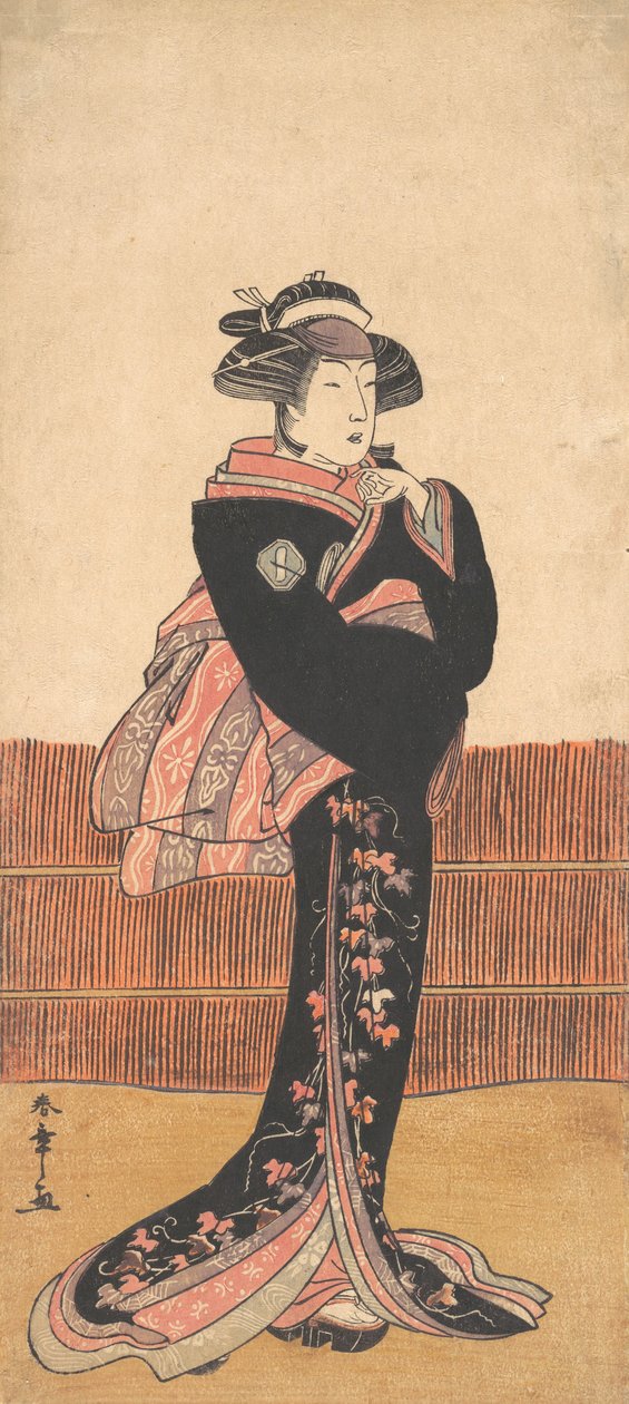 De derde Azuma Tozo als een vrouw in een zwarte kimono, waarschijnlijk 1782 door Shunsho