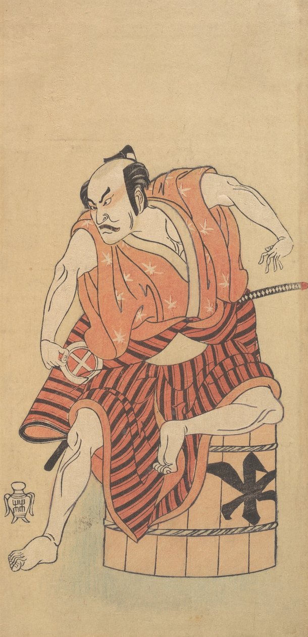 De derde Otani Hiroemon als een Otokodate zittend op een omgekeerde kuip, 1768 of 1769 door Shunsho