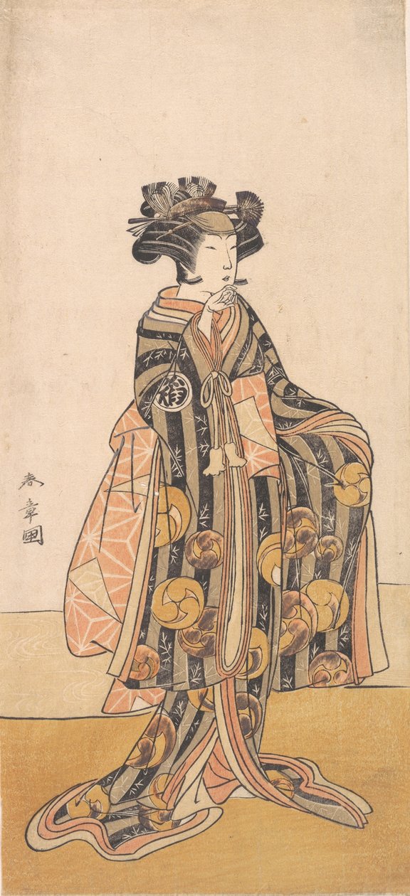 Yoshizawa Iroha als een vrouw Tomoe Gozen staand op de oever, 1774 of 1775 door Shunsho