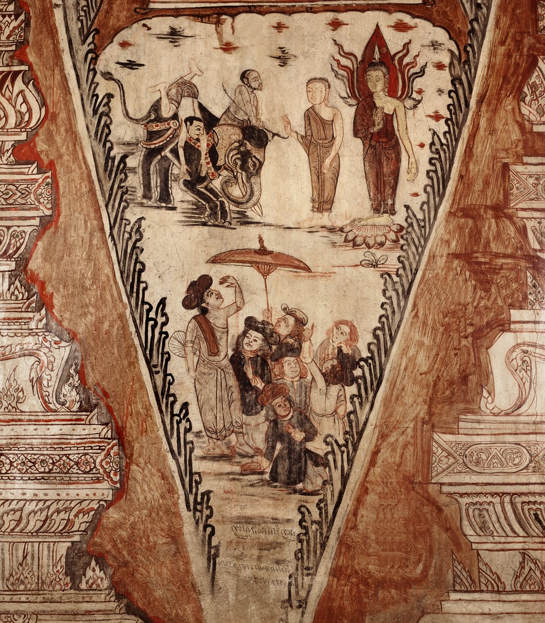(detail) van een muurschildering - Boeddha verwart de ketters, 1734 door Siamese School