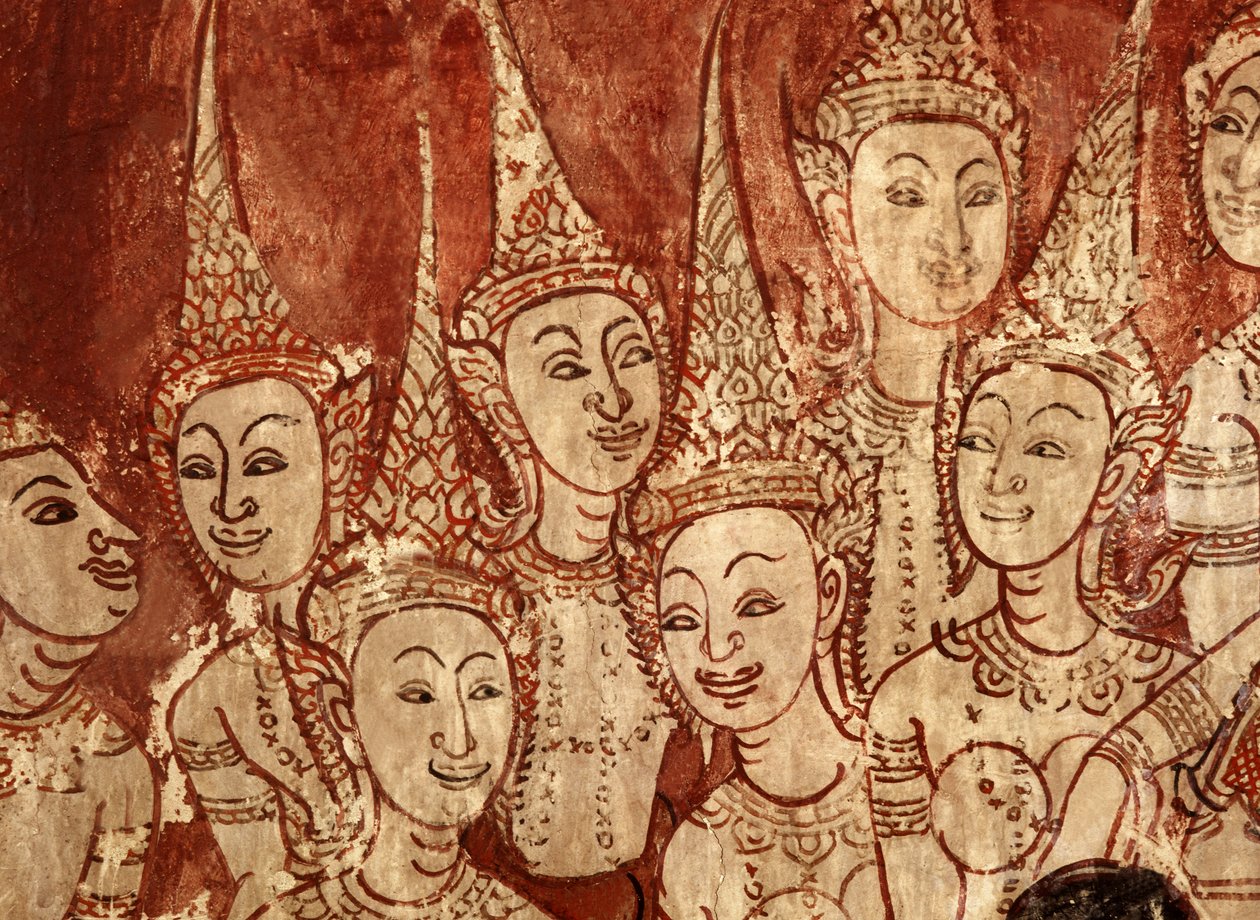 Detail van de muurschilderingen met hemelse godheden uit de late Ayutthaya-periode (detail) door Siamese School