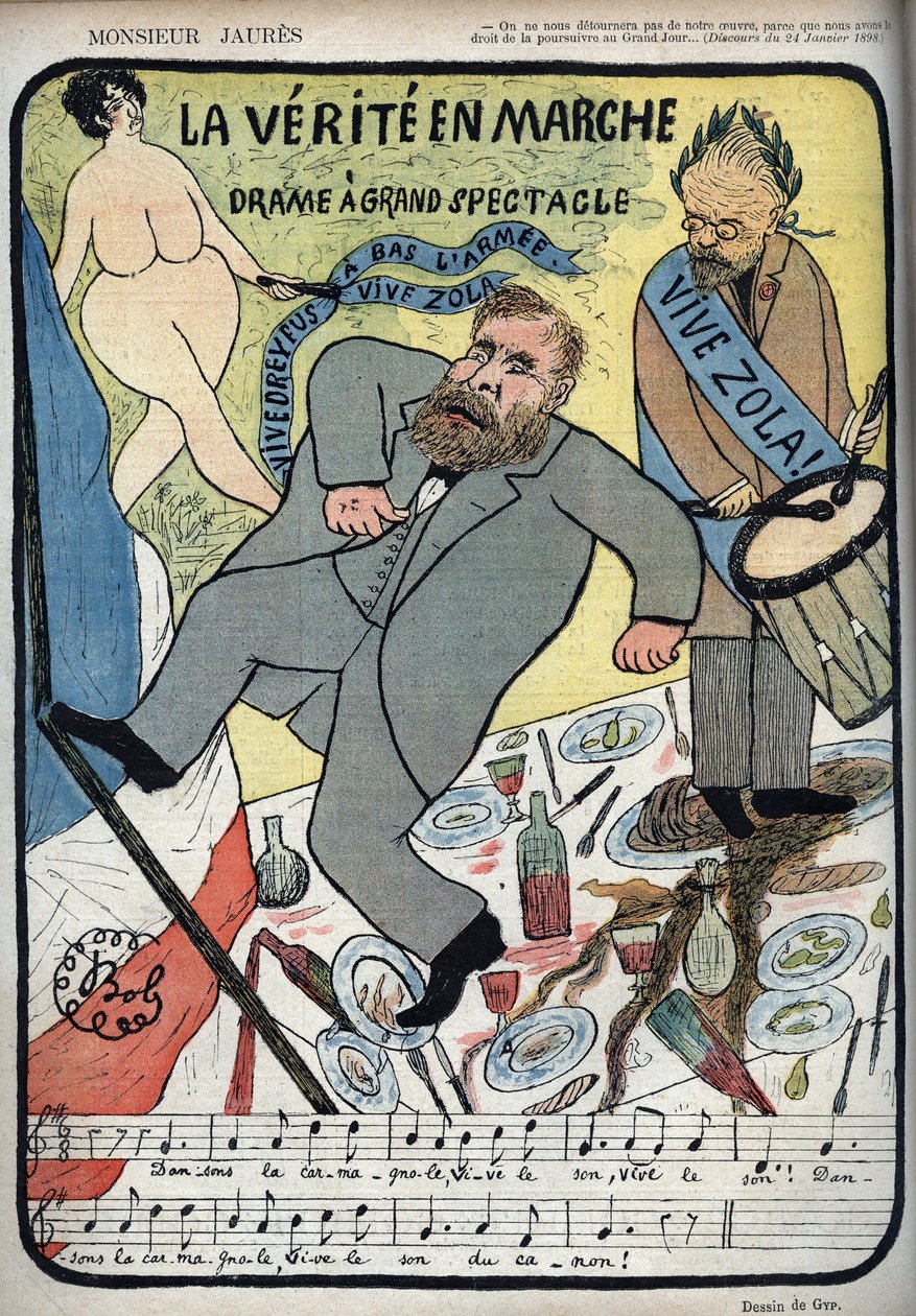 Dreyfus-affaire - Monsieur Jaures - La Verite en marche, drama a grand spectacle - leve Dreyfus, leve Zola, weg met het leger - Jean JAURES danst de Carmagnole voor Emile ZOLA en zijn trommel. Cartoon door BOB (1850-1932) voor Le Lire van 4/11/1896. Humori door Sibylle Gabrielle de Riquetti de Mirabeau