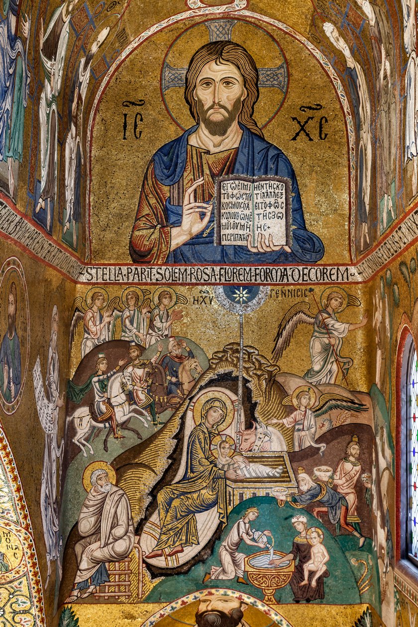 De Palatijnse Kapel (Basiliek), zuidelijke apsis of St. Paulus "absidiola", mozaïeken: "Christus Pantocrator" en "Geboorte", XII eeuw door Sicilian School