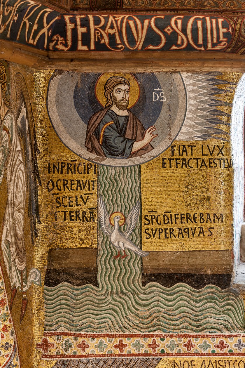 De Palatijnse Kapel (Basiliek), cyclus van mozaïeken over het Oude Testament, cyclus van de Schepping: "Fiat Lux God creëert het Licht en scheidt de Wateren", XII eeuw door Sicilian School