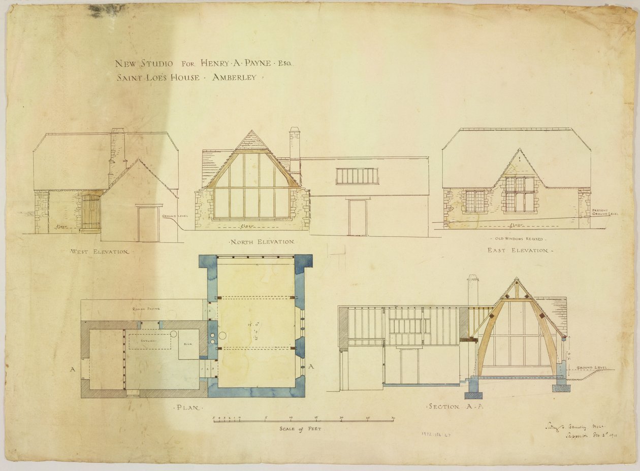 Nieuw Atelier voor Henry A. Payne esq. Saint Loes House, Amberley, 2 februari 1911 door Sidney Barnsley