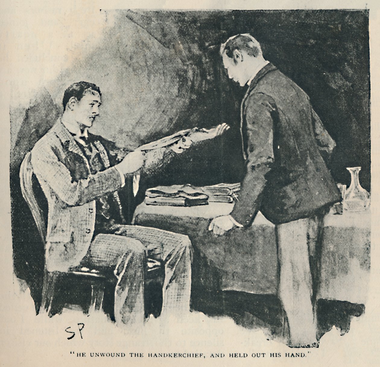 Hij wikkelde de zakdoek af en stak zijn hand uit, 1892 door Sidney Paget