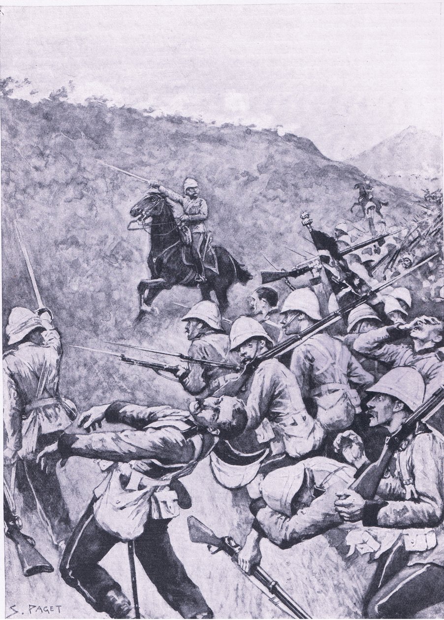 Langs Nek, 28 januari 1881 (1e Boerenoorlog), illustratie uit British Battles on Land and Sea, 1915 door Sidney Paget