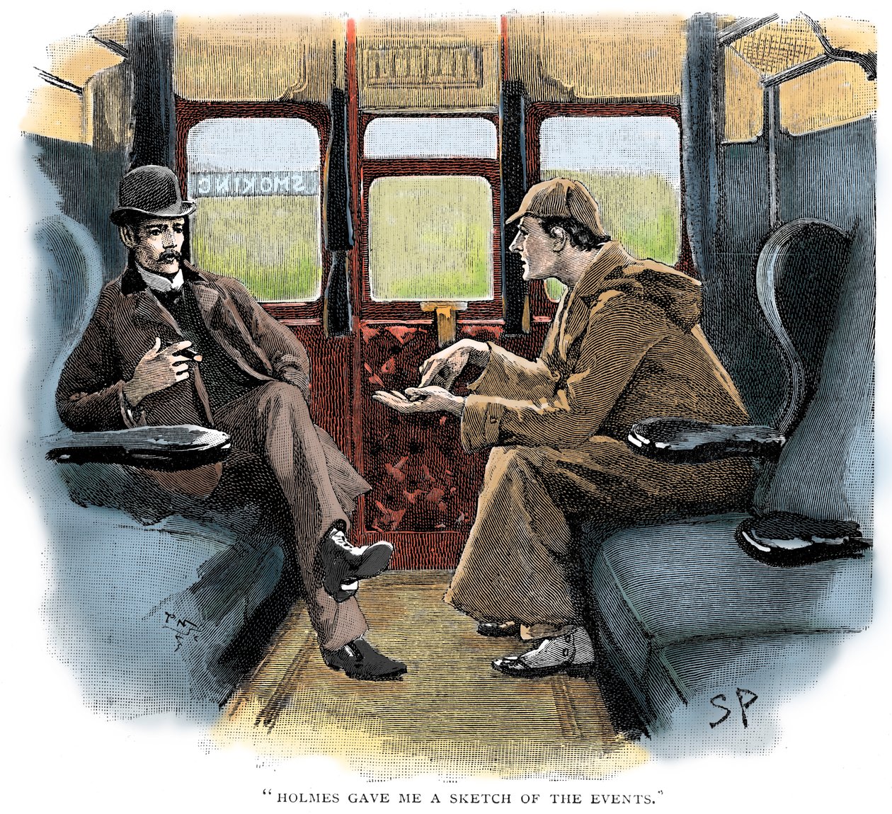 Het avontuur van Silver Blaze, Holmes en Watson in de trein door Sidney Paget