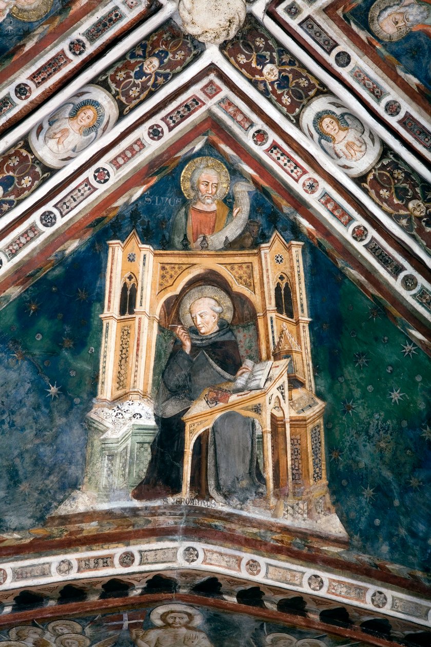 Detail van een fresco die een van de gewelven van de Bovenkerk siert, voorstellende de vier doktoren van de Romeinse Kerk: Sint-Hieronymus en de evangelist Sint-Lucas. gemaakt door de school van Siena uit het begin van de 14e eeuw. Klooster van  door Sienese School