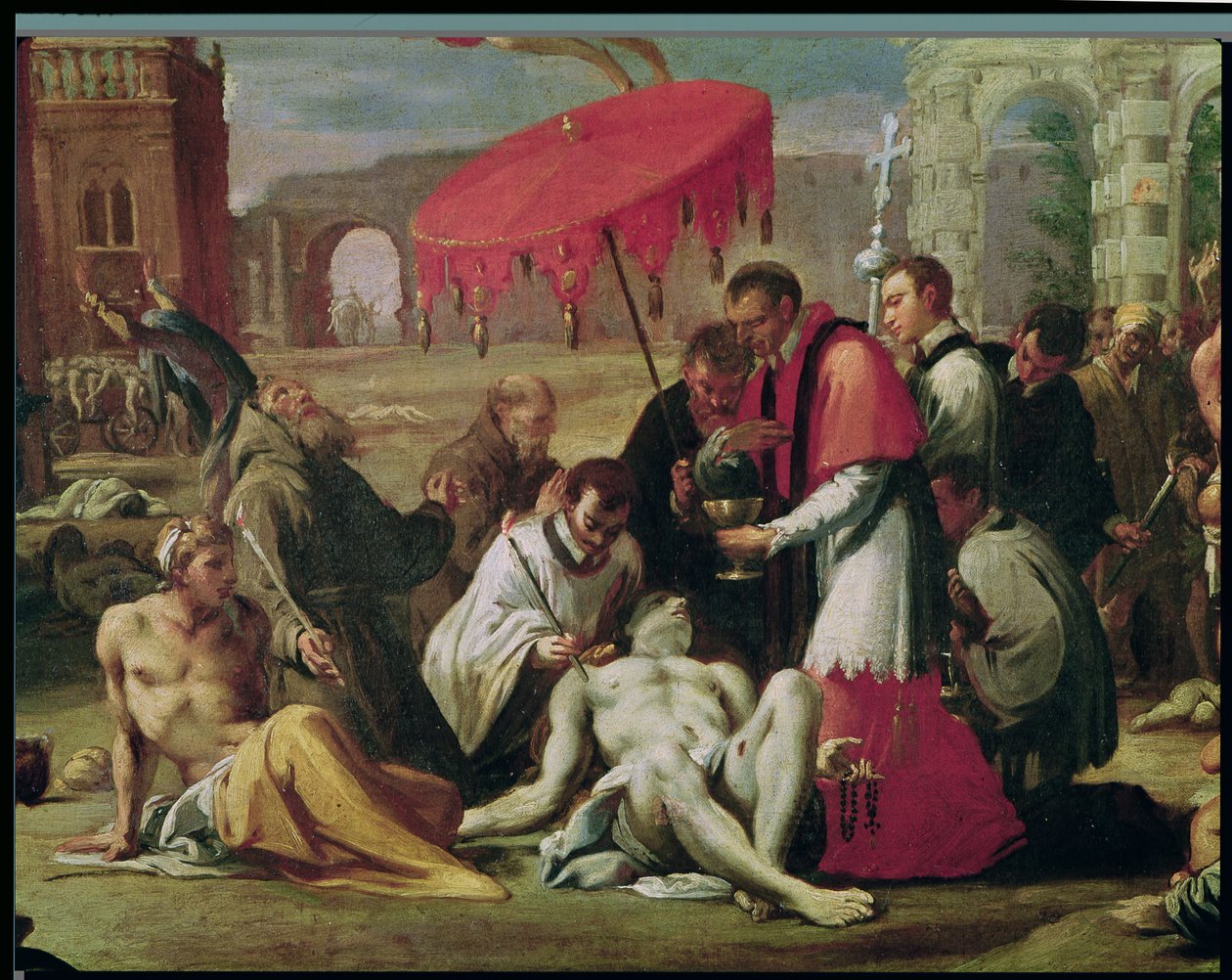 St. Charles Borromeo (1538-84) die het sacrament toedient aan pestslachtoffers in 1576 (detail) door Sigismondo Caula