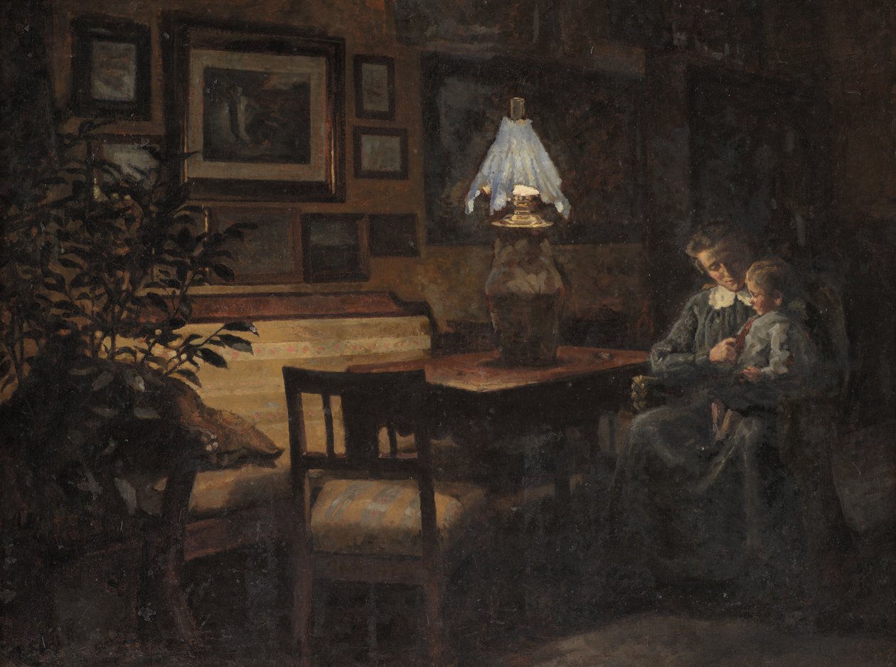 Avondinterieur. Moeder en kind door Sigurd Wandel