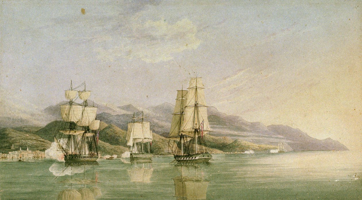 Aanval op konvooi van achttien Franse koopvaardijschepen bij Laigrelia en Alassio, 27 juni 1812 door Silas Thomson (attr.to) Hood