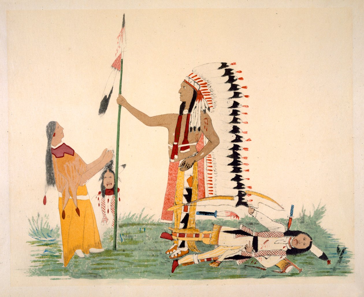 Comanche en zijn vrouw ontmoeten en vechten met een Ute, uit een serie legendarische episodes geschilderd door de kunstenaar door Silver Horn