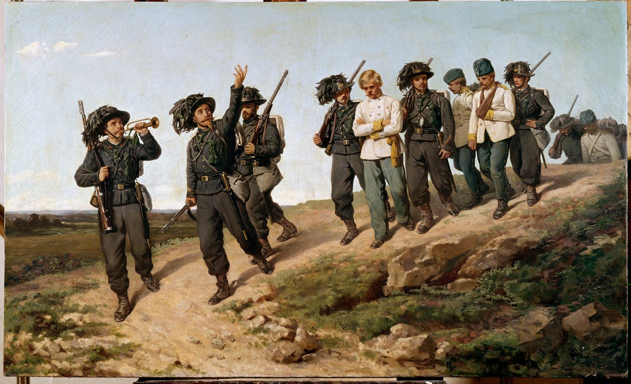 Episode van de Italiaanse campagne in 1859: Oostenrijkse krijgsgevangenen omringd door bersaglieri door Silvestro Lega