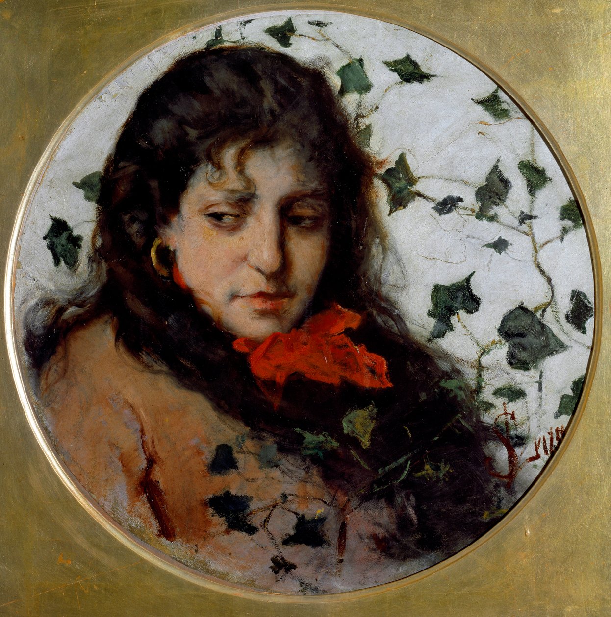 Klimop (Edera) Portret van een jonge vrouw met melancholische uitdrukking, omgeven door klimopbladeren door Silvestro Lega
