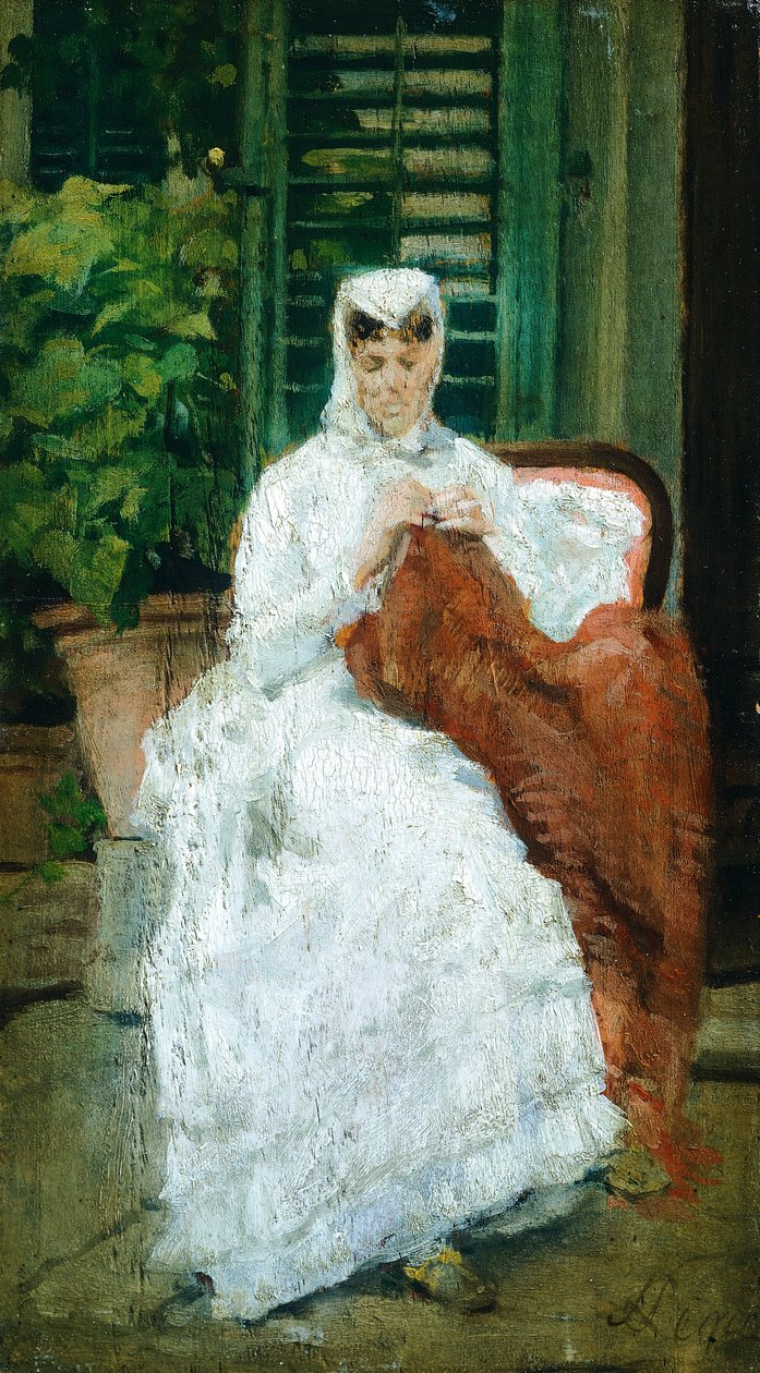 Dame aan het naaien, door Silvestro Lega, olieverf op paneel, 27.5x15.5 cm door Silvestro Lega