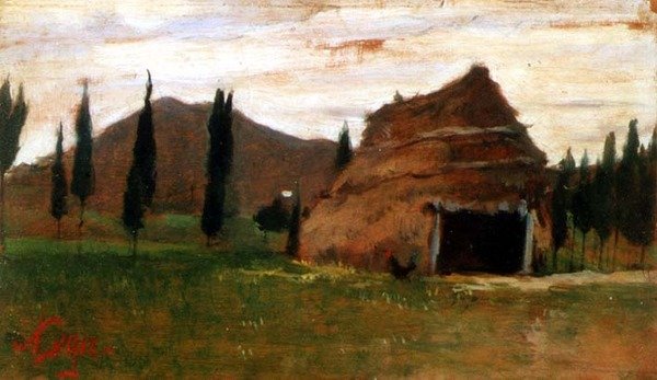 Landschap met een rieten hut door Silvestro Lega