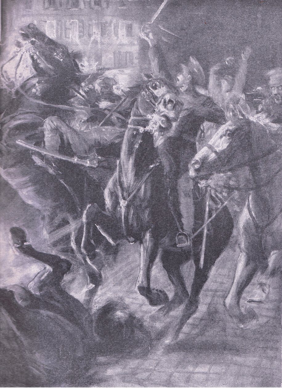 Een nachtelijke aanval door Britse cavalerie tijdens de sweeping beweging in oktober 2014, uit History of the Great War Vol 3 uitgegeven door Waverley Book Co Limited, ca. 1920 door Simon Harmon Vedder