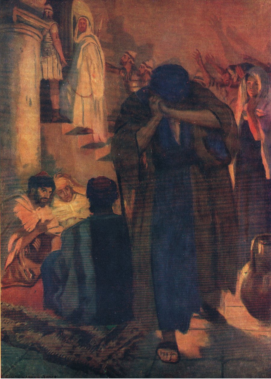 Petrus verloochent zijn meester, uit Het Bijbel Prentenboek gepubliceerd door Thomas Nelson, c.1950 door Simon Harmon Vedder