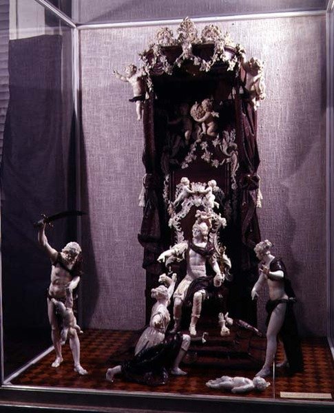 Het Oordeel van Salomo, gemaakt in München, ca. 1741 (ivoor, walnoot en gekleurd glas) door Simon Troger