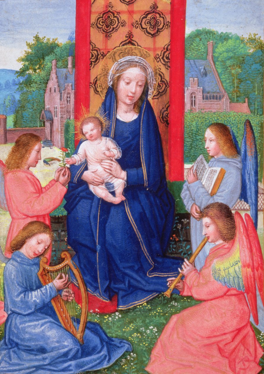 Madonna en Kind met engelen die instrumenten bespelen, uit de Getijden van Joanna van Ghistelles, c.1516 door Simon (attr. to) Bening