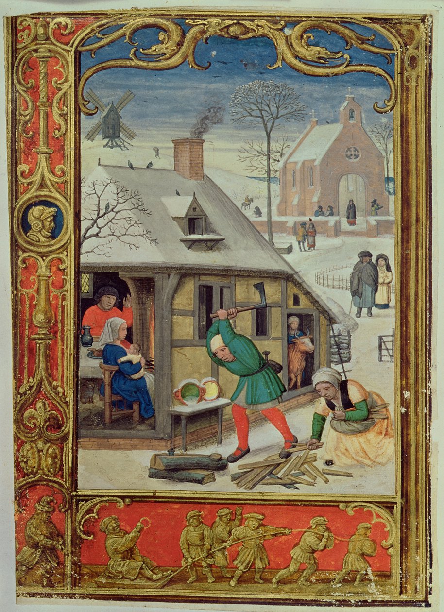 Januari: Hout hakken en sleeën, uit een Getijdenboek, of het Golfboek, c.1520-30 door Simon (workshop of) Bening