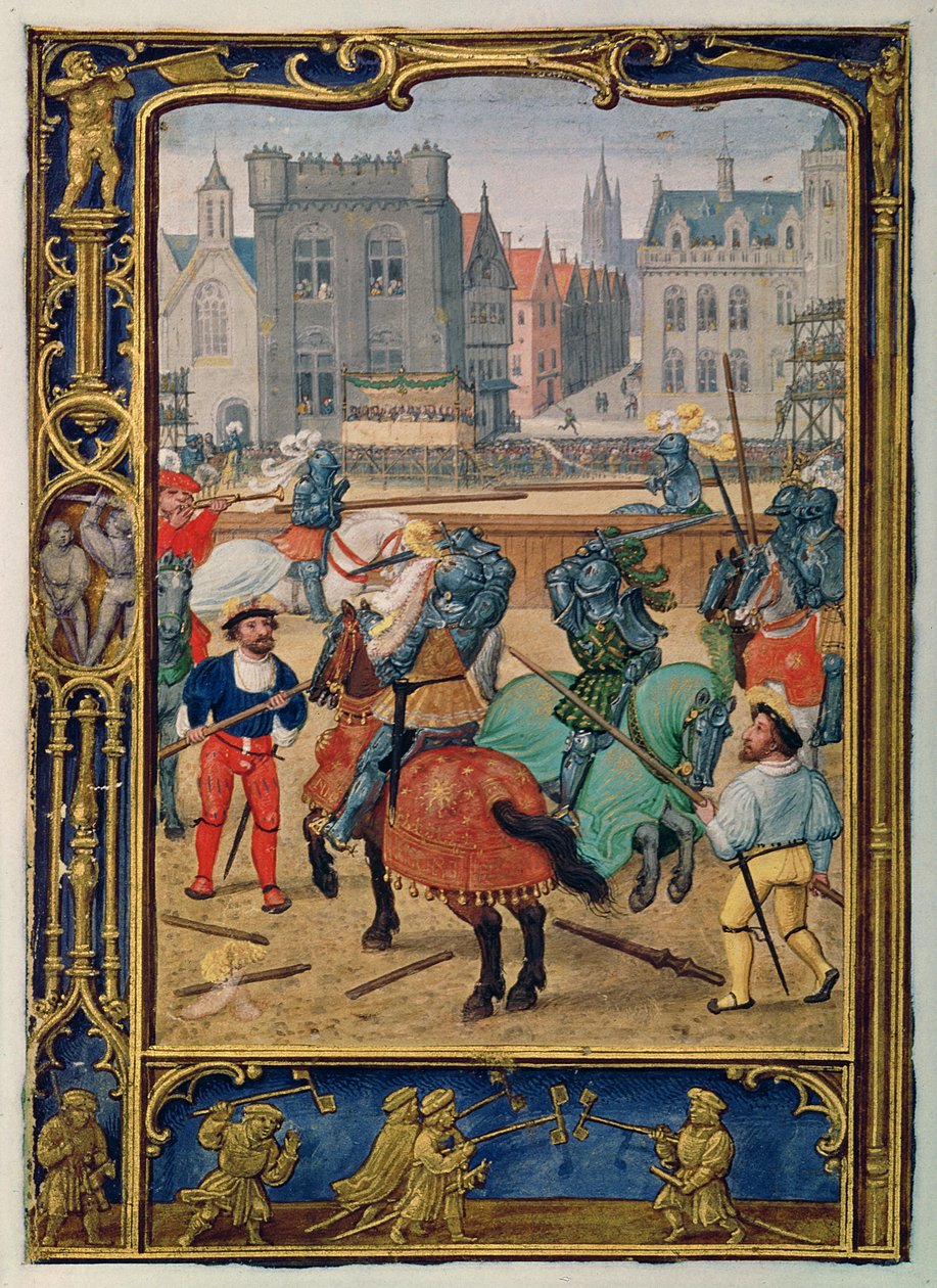Juni: Toernooi en een spel met stokpaardjes, uit een Getijdenboek, of het Golfboek, c.1520-30 door Simon (workshop of) Bening