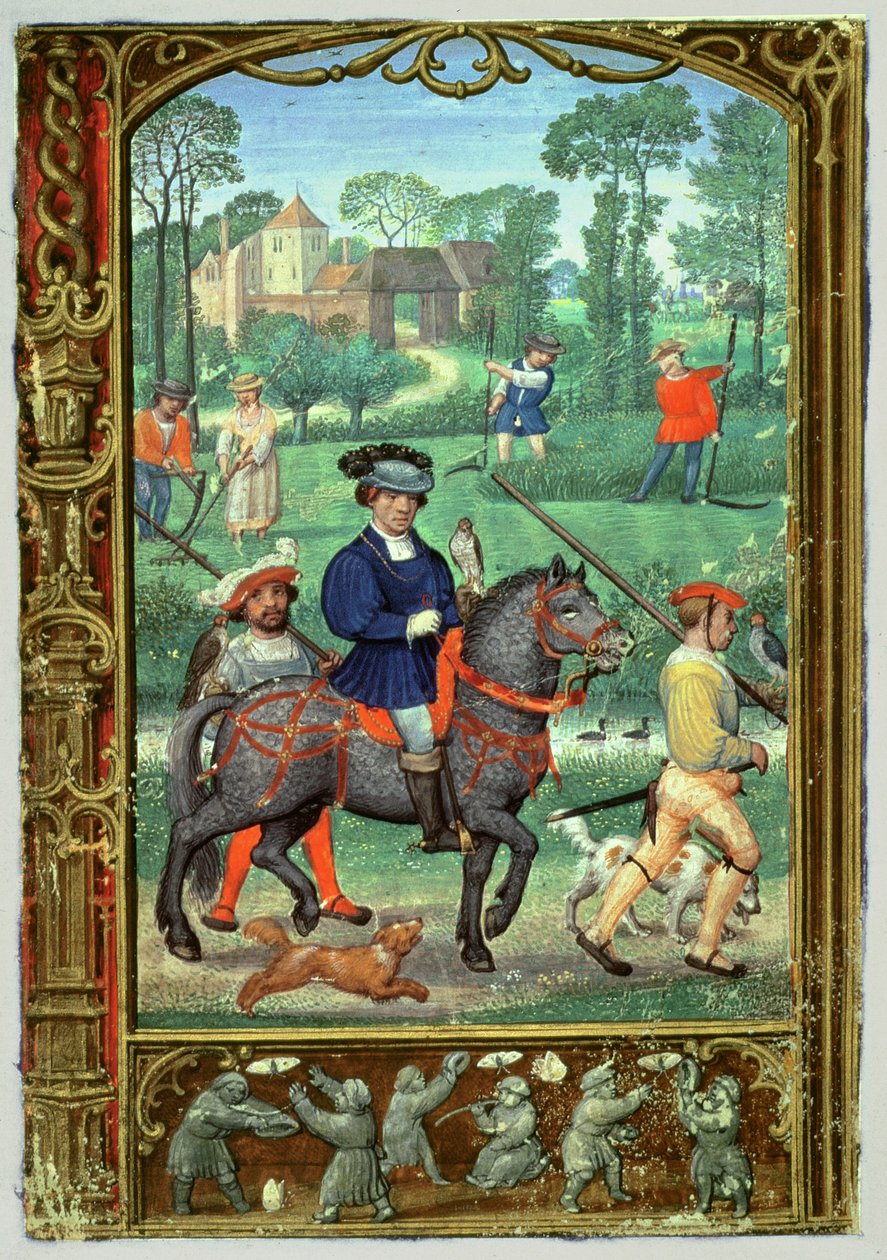 Juli: Valkenjacht, hooien en vlinders vangen, uit een Getijdenboek, of het Golfboek, c.1520-30 door Simon (workshop of) Bening