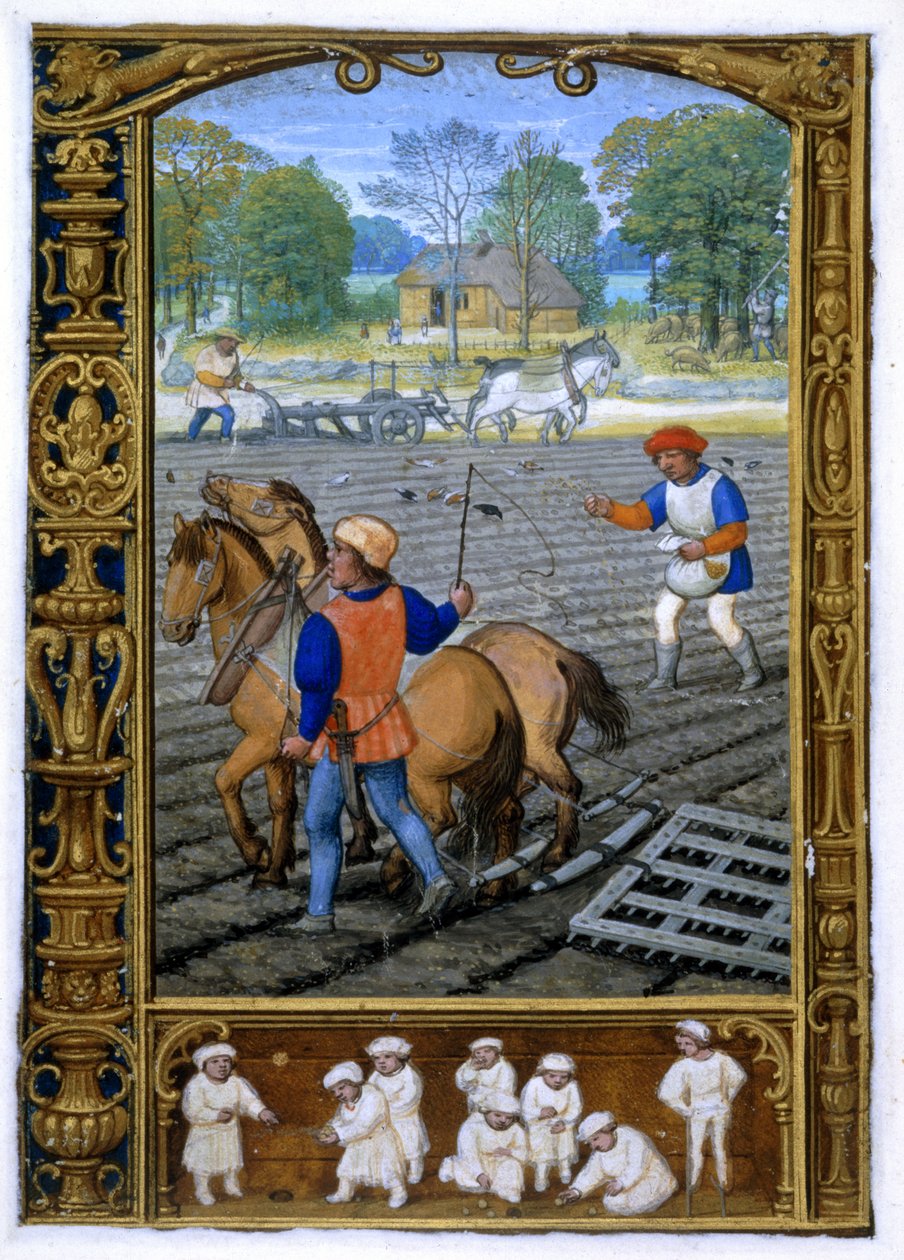 September: Ploegen en Zaaien, uit een Getijdenboek, of het Golfboek, ca. 1520-30 door Simon (workshop of) Bening