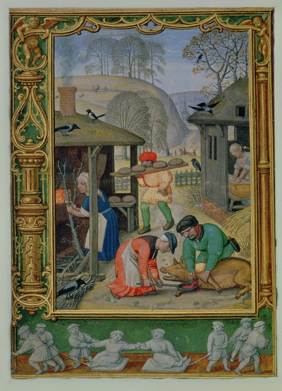 December: Voedsel bereiden voor de winter, brood maken en een varken slachten, uit een Getijdenboek, of het Golfboek, c.1520-30 door Simon (workshop of) Bening