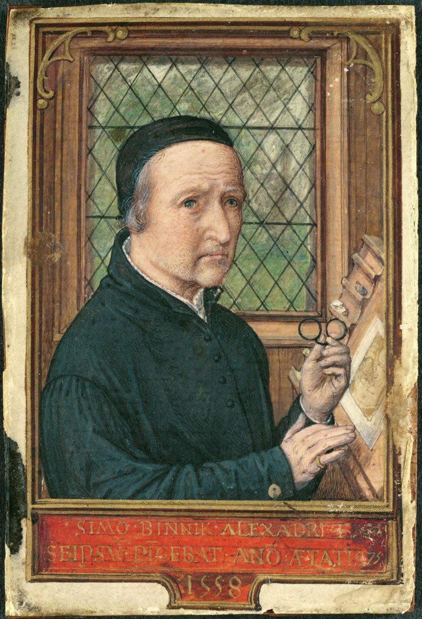 Zelfportret van Simon Bening, uit een getijdenboek, ca. 1540 door Simon Bening