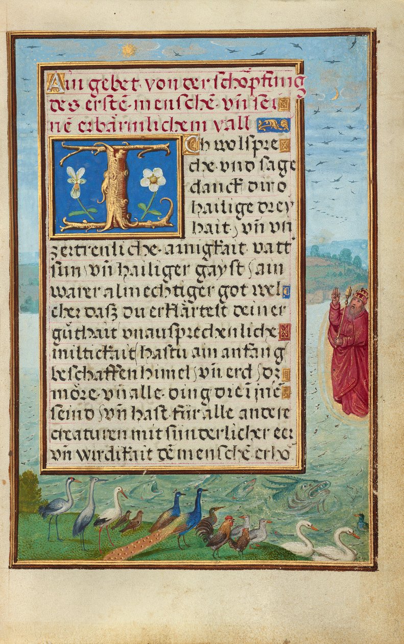 Bordüre mit der Erschaffung von Vögeln und Fischen door Simon Bening