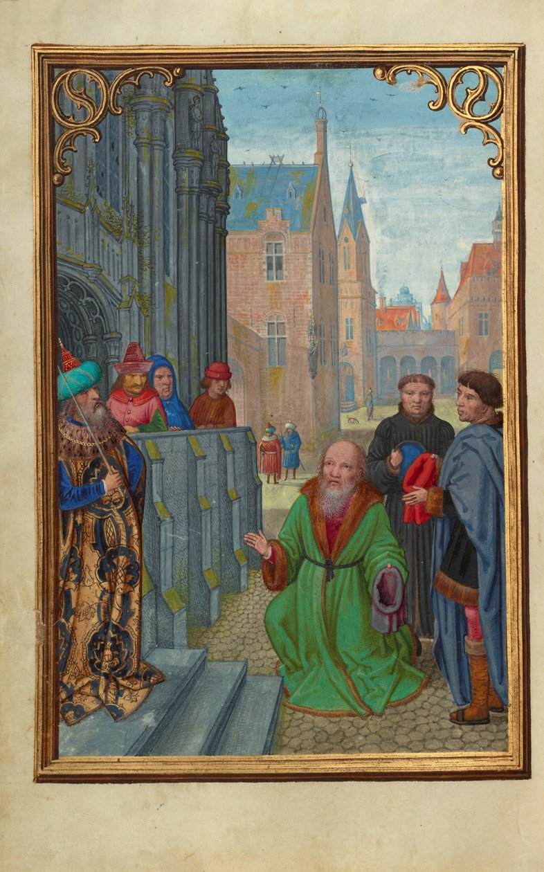 Jozef van Arimathea voor Pilatus door Simon Bening