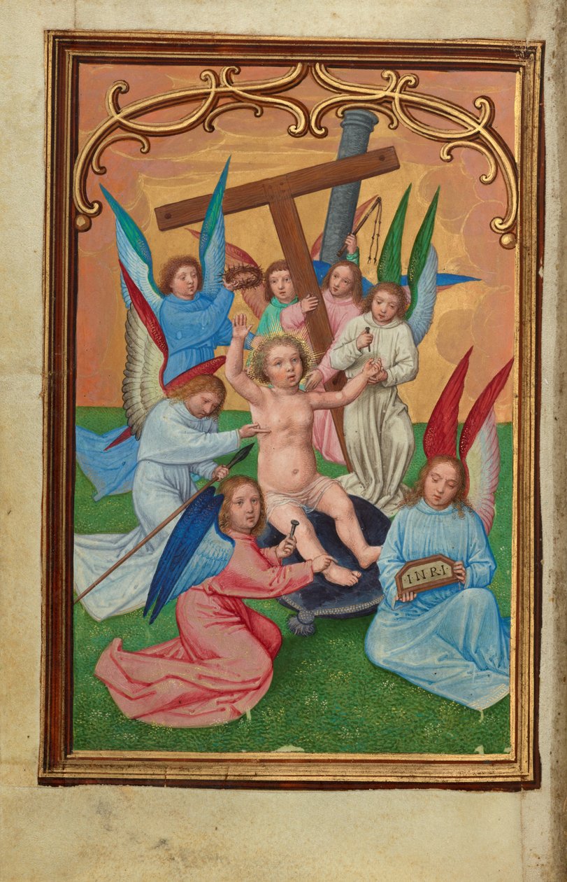 Das Christkind umgeben von den Werkzeugen der Passion door Simon Bening