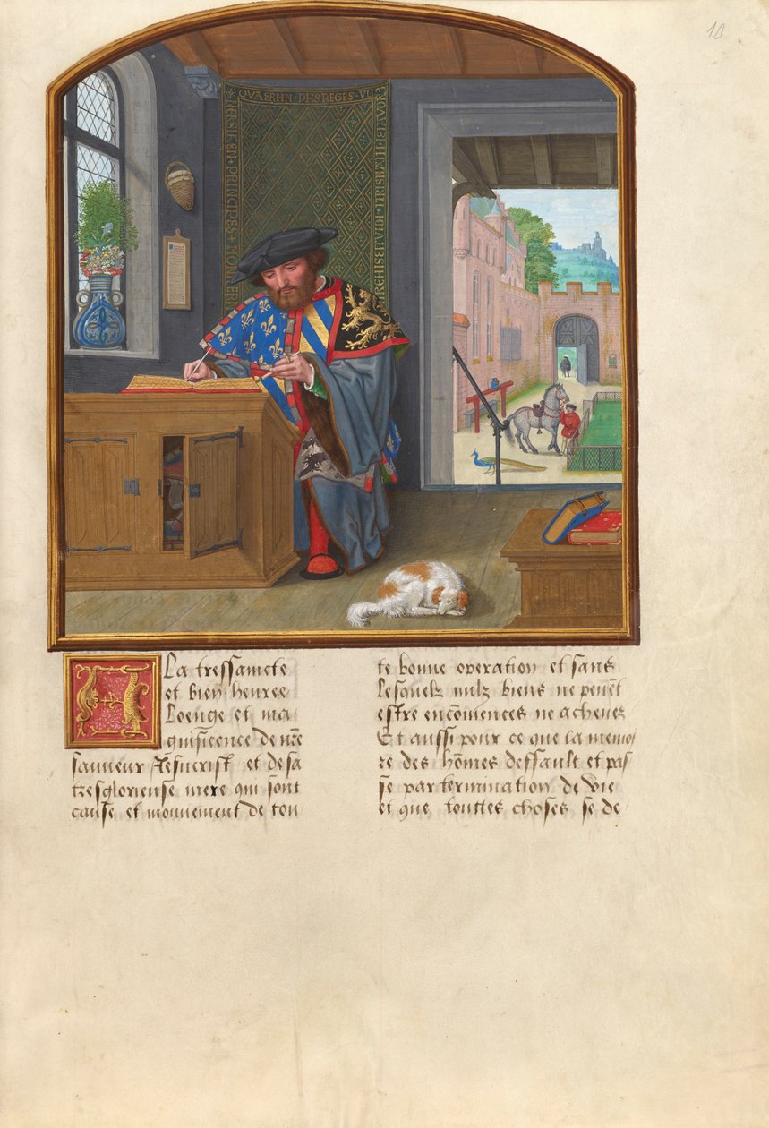 De koning van wapens van de Orde van het Gulden Vlies schrijft over Jacques de Lalaing door Simon Bening