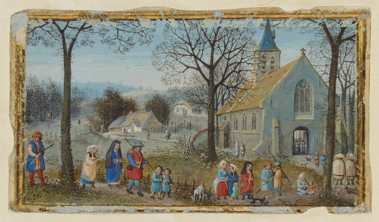 Dorpsbewoners op weg naar de kerk door Simon Bening