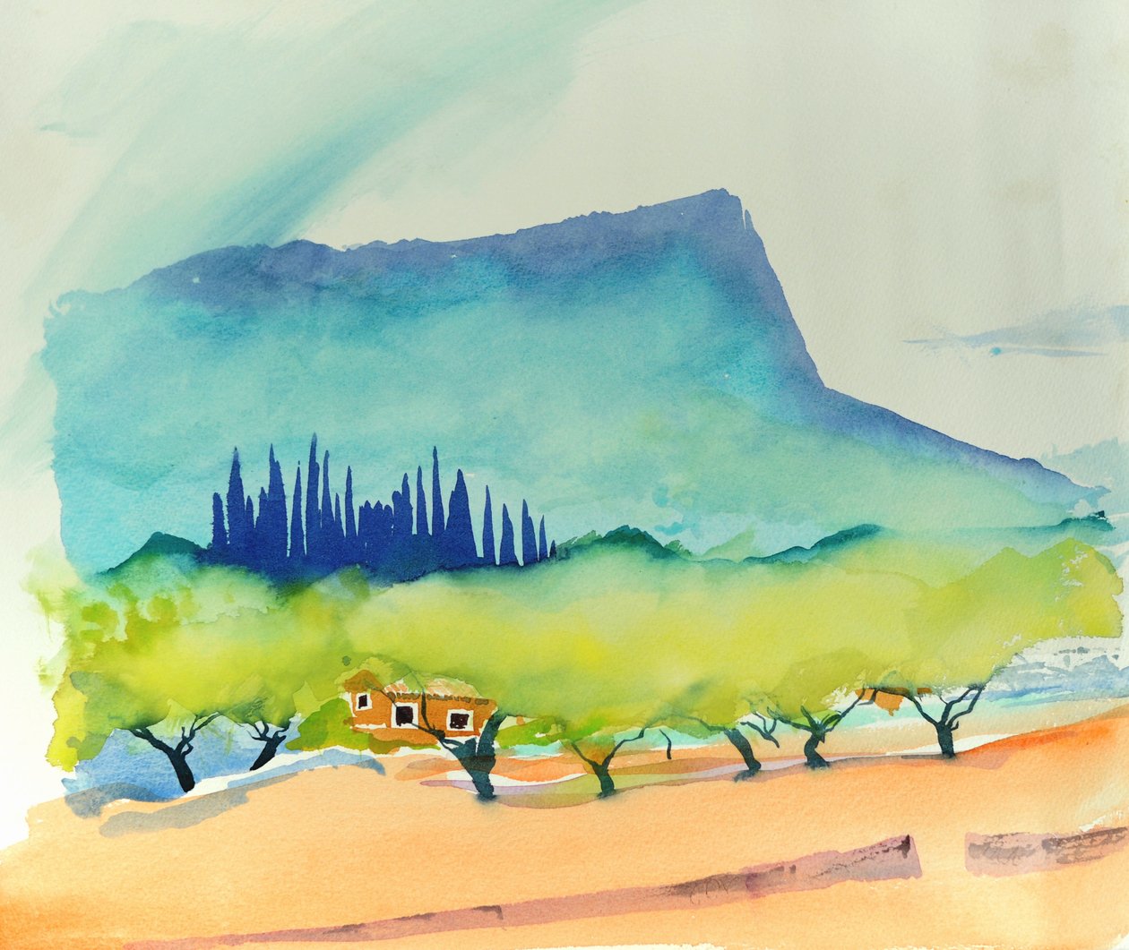 Amandelen, Pollença, 2016 (aquarel) door Simon Fletcher