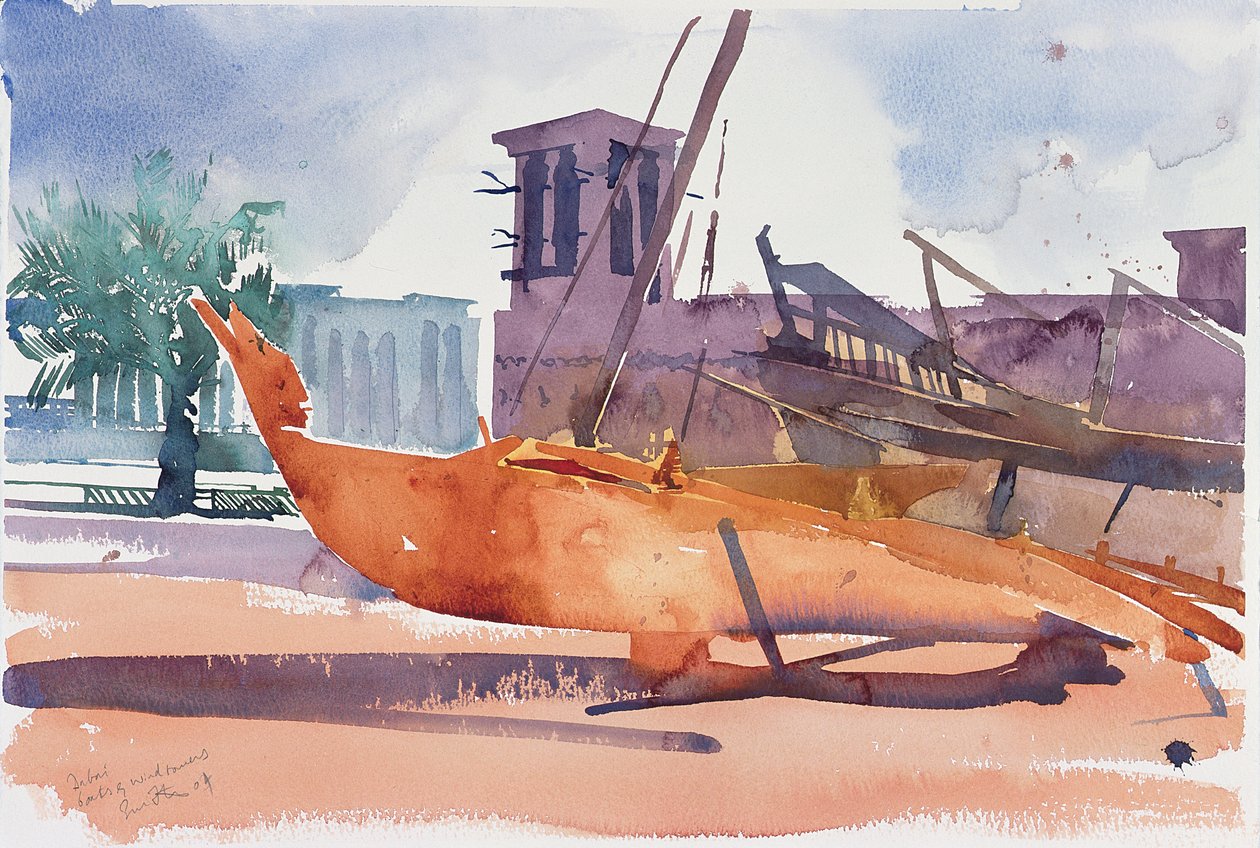 Dubai, boten en windmolens, 2004 (aquarel op papier) door Simon Fletcher