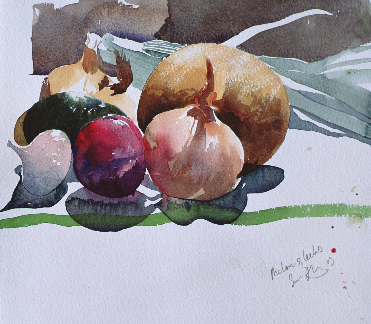 Meloen en prei, 2003 (aquarel) door Simon Fletcher