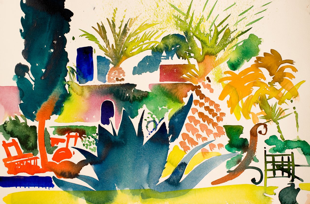 Rode stoelen, 2016 (aquarel) door Simon Fletcher