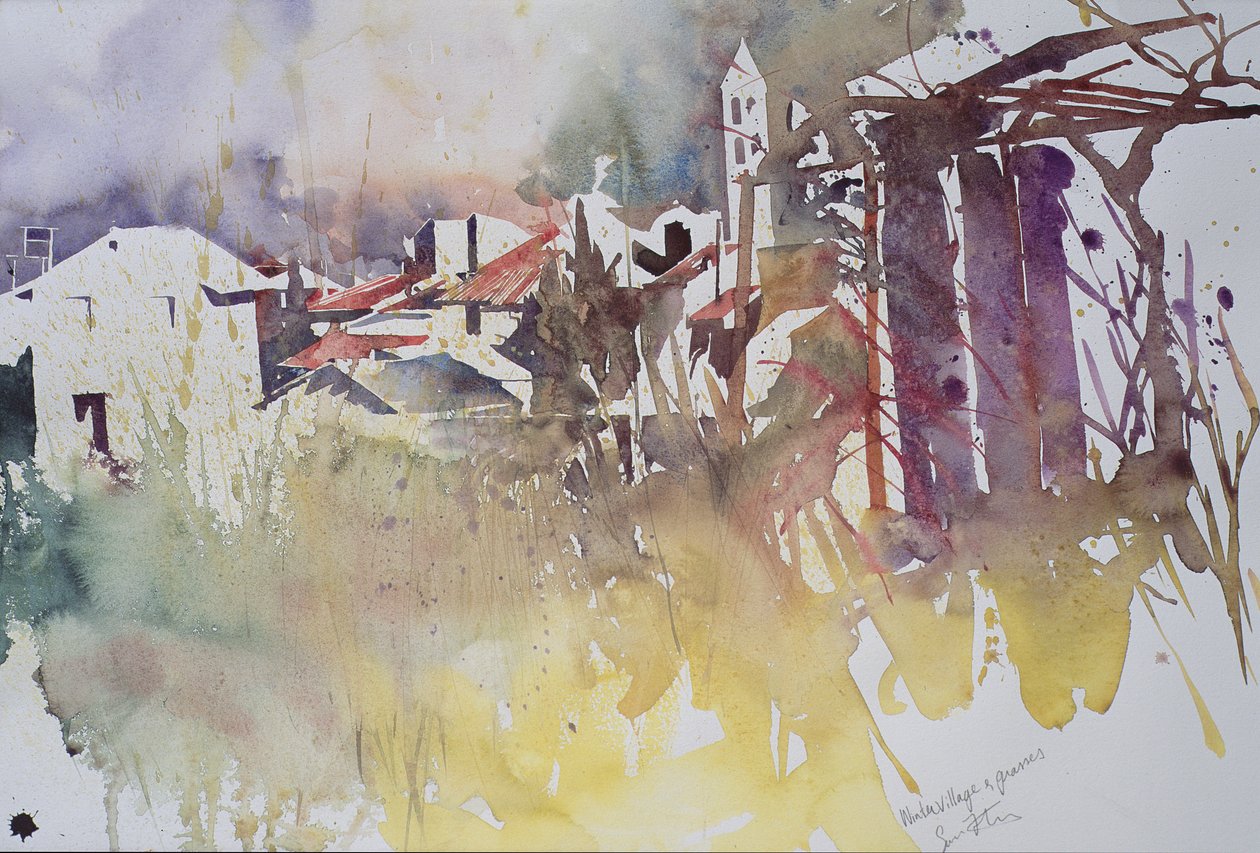 Winterdorp en grassen, Frankrijk, 2008 (aquarel) door Simon Fletcher