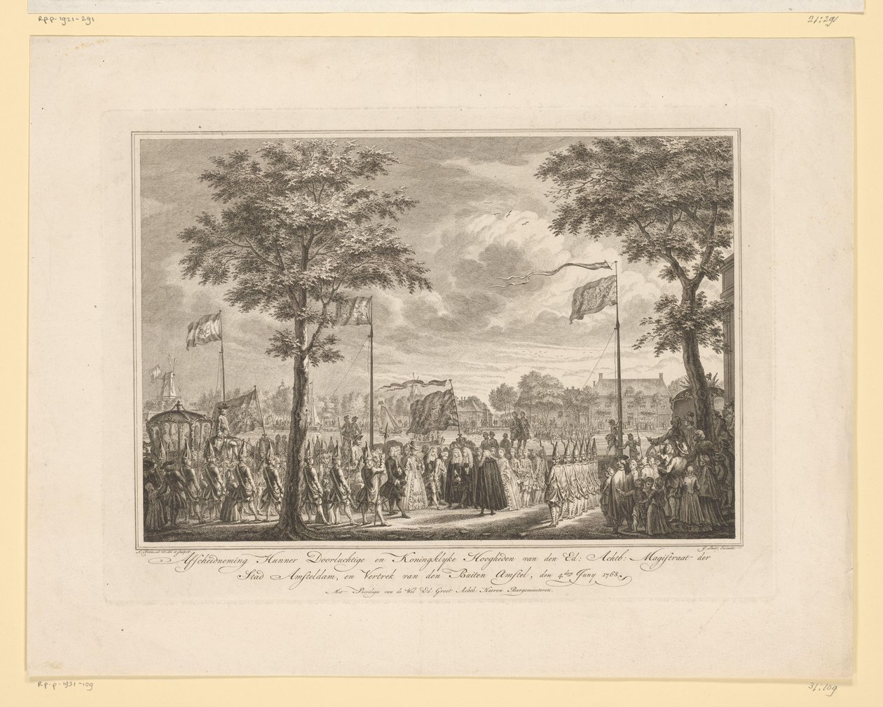 Afscheid van Willem V en echtgenote aan de Buiten Amstel, 1768 door Simon Fokke