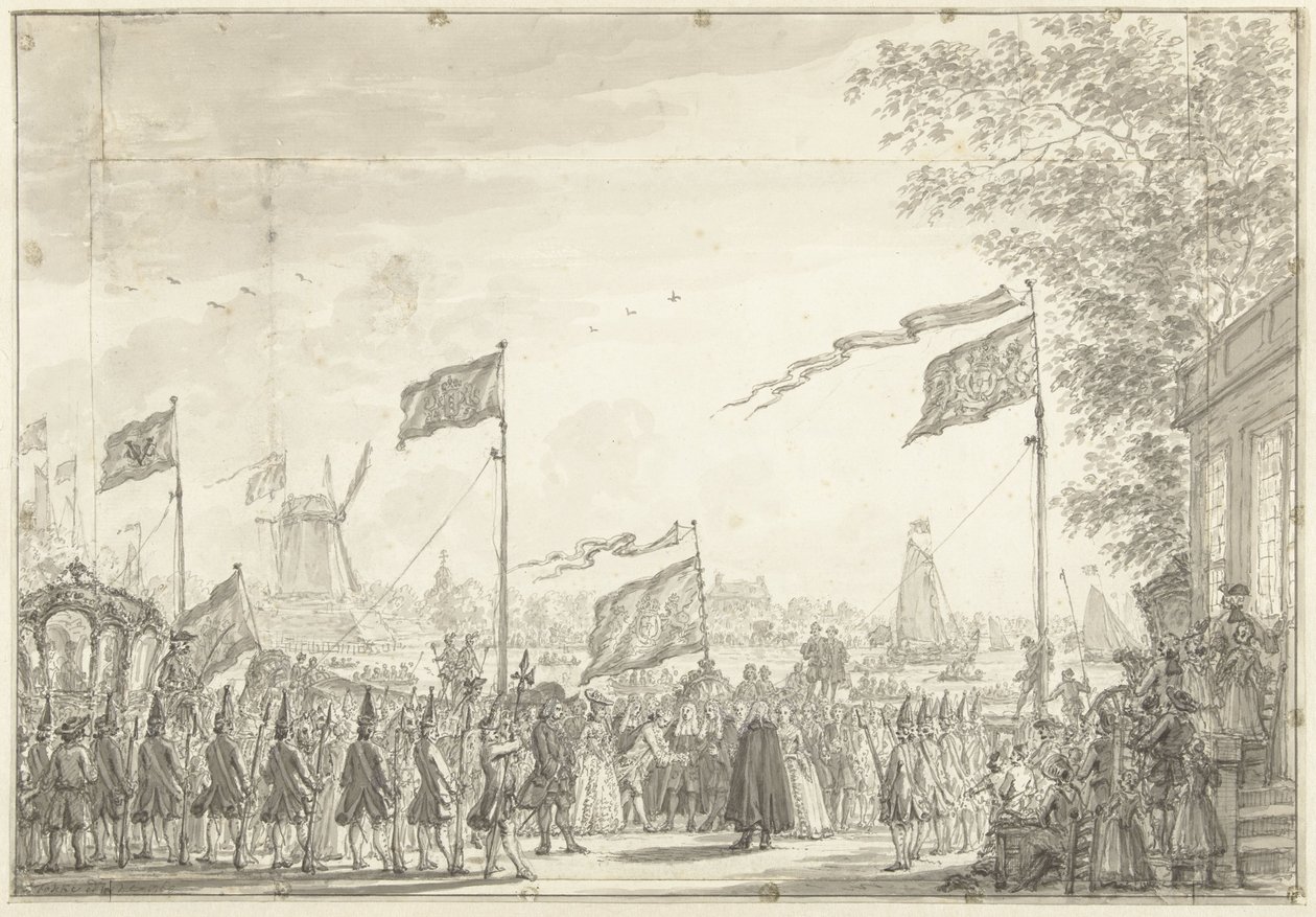Afscheid van Willem V en echtgenote aan de Buitenamstel, 1768 door Simon Fokke
