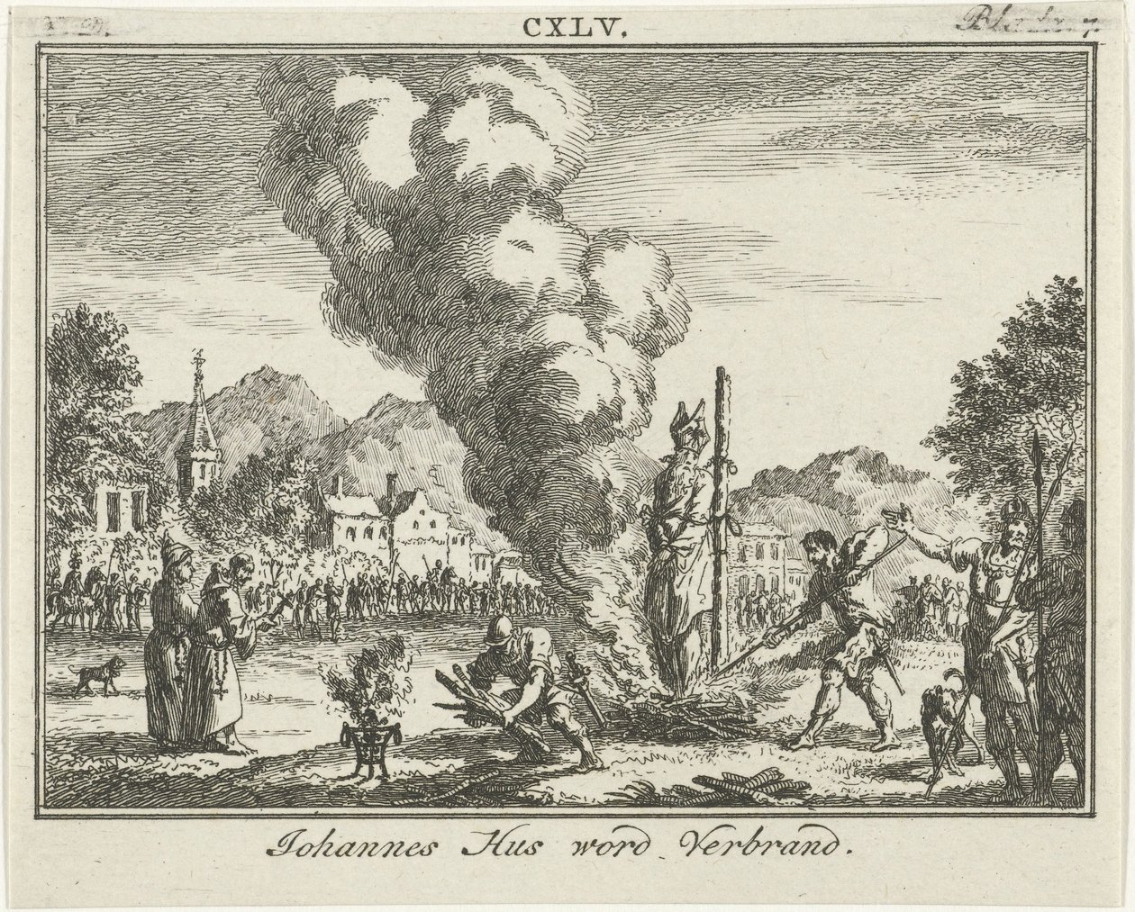 Verbranding van Jan Hus op de brandstapel, midden 18e eeuw door Simon Fokke