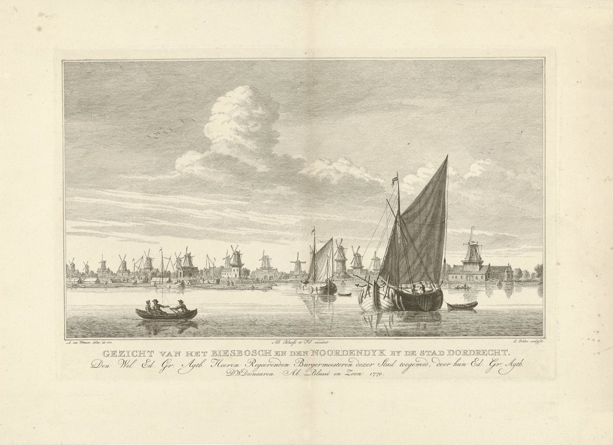 Gezicht op de Biesbosch en de Noordendijk bij Dordrecht door Simon Fokke