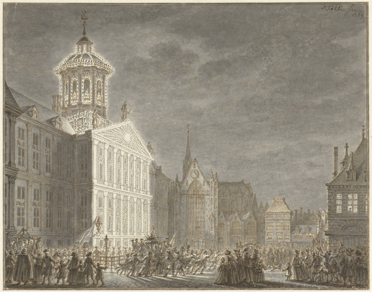 Illuminatie van het stadhuis voor Willem V en Wilhelmina van Pruisen, 1768 door Simon Fokke