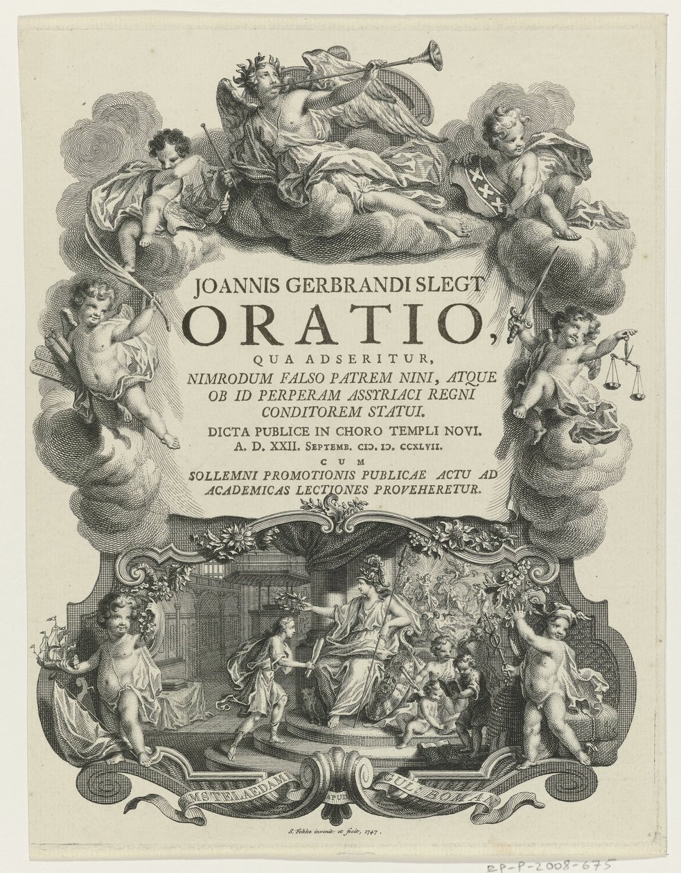 Minerva lauwert een jongeman met bul (Titelpagina voor: J.G. Slegt, Oratio, qua adseritur, Nimrodum falso patrem Nini, 1747) door Simon Fokke