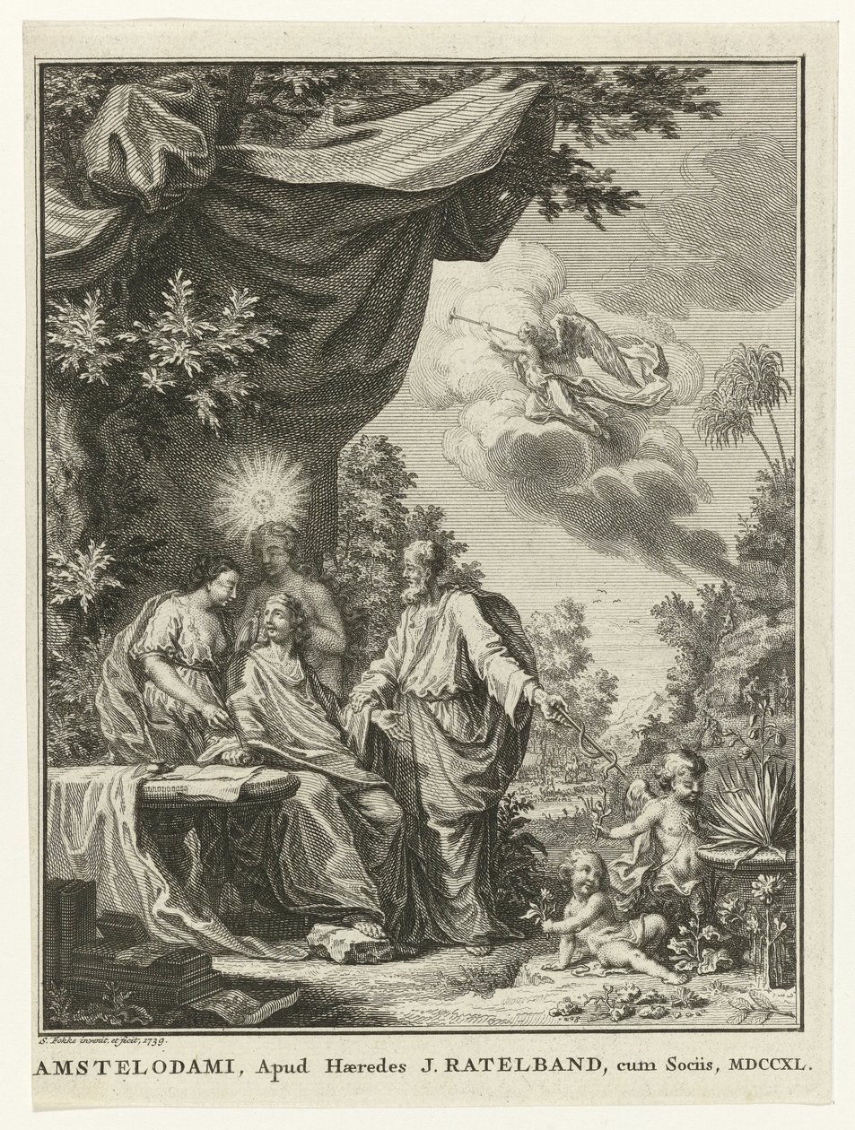 Schrijver omringd door allegorische figuren door Simon Fokke